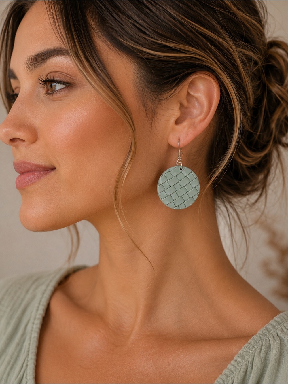 Mint Green Woven Earrings Round Drop Dangle Silver Tone Hook Fashion Jewelry‎